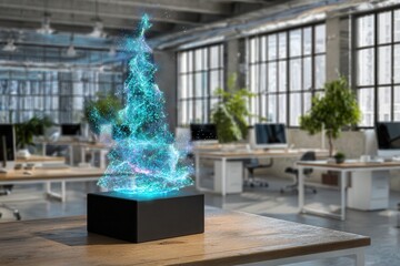 futuristic, glowing blue and purple Christmas tree dominates modern office space with white desks and computer monitors, creating calm, whimsical atmosphere illuminated by natural light
