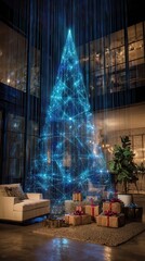 large, illuminated blue Christmas tree with digital wires dominates modern room with exposed brick, featuring two adults and wrapped gifts, creating festive