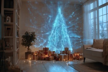 Soft lighting illuminates cozy living room with white sofa, stacked gift boxes, and blue digital tree display, evoking calmness and festive atmosphere, winter holiday spirit, serene home