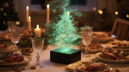 elegantly set dining table displays glowing green Christmas tree with blue light, surrounded by food, glasses, and candles, evoking warm, joyful atmosphere, Christmas, family celebration