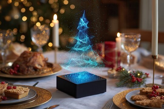 stunning Christmas table setting features glowing blue light particle tree, golden plates with festive food, and cozy, warm atmosphere, evoking celebration and joy, Christmas - Powered by Adobe