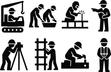 Silhouettes of eight construction workers performing tasks like welding, surveying, climbing, supervising, and operating equipment for industrial labor reference