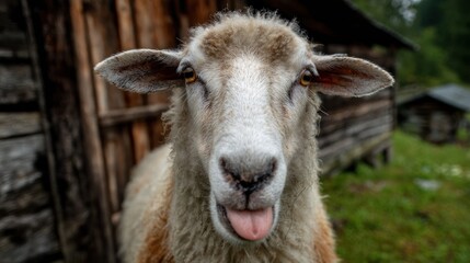 Close-up of sheep with tongue out, looking straight at viewer, near rustic wooden structures