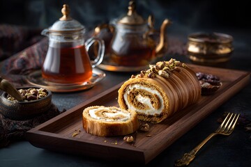 Fototapeta premium Slice of cake is on a wooden tray next to a teapot and a cup. The tray is placed on a table with other items such as a bowl, a spoon, and a fork