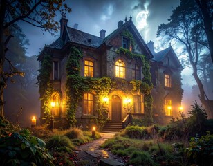 Manoir abandonné éclairé à la bougie – mystère et élégance gothique d’Halloween