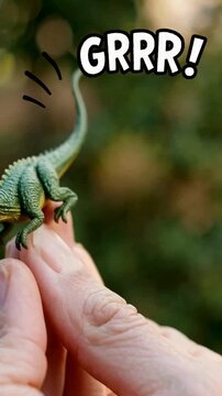 Tiny Dinosaur Toy Roaring Playfully on a Finger With Comic Text