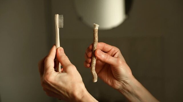Older woman's hands hold and compare a traditional Miswak stick (Salvadora persica) with a modern wooden toothbrush, illustrating a choice between eco-friendly and conventional dental hygiene methods.