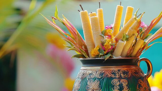 A decorative vase filled with corn and flowers on a table, perfect for interior design or event decoration