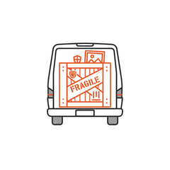 Fragile artwork transport van vector icon — museum logistics, crate with fragile label, art delivery, minimal line art style.