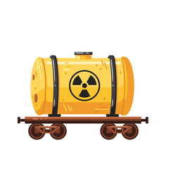 Radioactive tank vector illustration — hazardous material transport, yellow barrel on rail wagon, dangerous goods logistics.