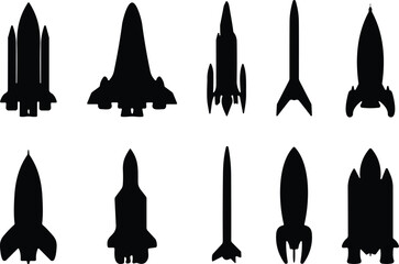 Silhouettes of ten unique rocket and spacecraft designs showcasing aerospace engineering, booster configurations, and nose cone variations for reference