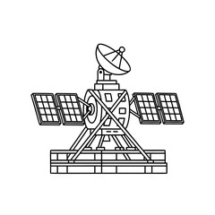 Satellite transport vector icon — space equipment logistics, solar panels and antenna, line art style, minimal vector illustration.