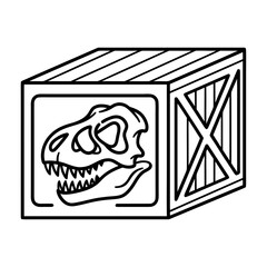 Dinosaur fossil crate icon — museum logistics and paleontology cargo transport, line art vector, black outline illustration.