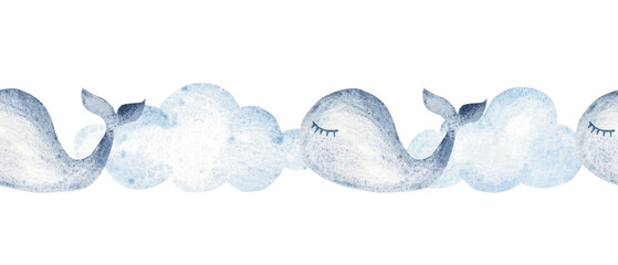 Watercolor baby whale seamless border with clouds. Hand drawn nautical pattern for nursery, baby shower cards, invitations and wall art.