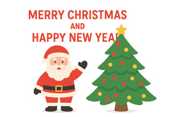 Wishing you a Merry Christmas and a Happy New Year, featuring Santa Claus and a Christmas tree set against a white background, with space reserved for copy