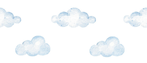 Watercolor blue cloud seamless border. Hand drawn soft baby sky pattern for nursery, baby shower cards and decor.
