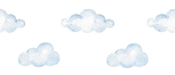 Watercolor blue cloud seamless border. Hand drawn soft baby sky pattern for nursery, baby shower cards and decor.