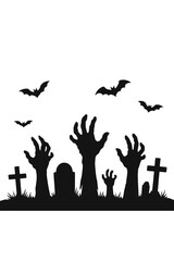 A silhouette of a cemetery with zombie hands, a vector illustration of a spooky graveyard where monster arms rise from tombstones, accompanied by flying bats, a black necropolis, and undead creatures