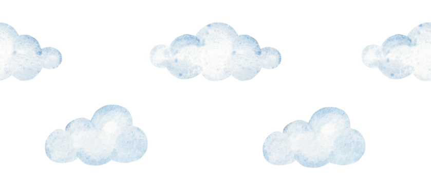 Watercolor blue cloud seamless border. Hand drawn soft baby sky pattern for nursery, baby shower cards and decor.