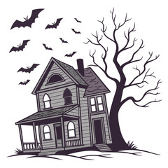 Spooky haunted house with bats and tree