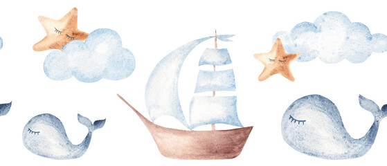 Watercolor whale, ship, star and cloud seamless border. Hand painted vintage nautical baby pattern for nursery and baby shower designs. © Tatiana