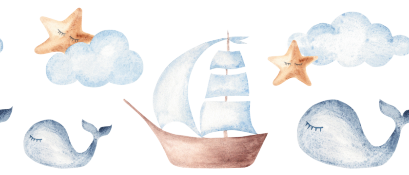 Watercolor whale, ship, star and cloud seamless border. Hand painted vintage nautical baby pattern for nursery and baby shower designs.
