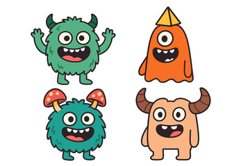Adorable monsters rendered in a modern, stylish art style&mdash;a vector cartoon collection of humorous comic creatures, alien furry animals with teeth, horns, mushrooms, and a pyramid on their heads