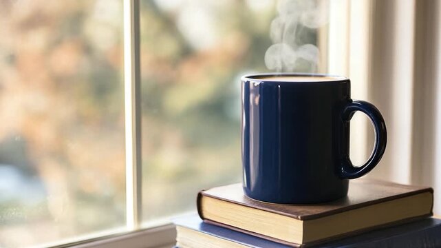 A cup of coffee sits atop a pile of books, perfect for a study break or reading session