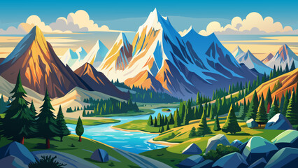 Very beautiful, Sierra Nevada mountains in California, USA, majestic peaks, rugged cliffs, snow-capped summits, dense forests, alpine meadows, clear blue skies, panoramic landscape, serene wilderness,