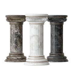 A trio of classical marble pedestals in varying colors show off ornate carvings and gold accents against a dark background