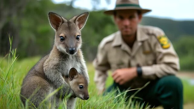 Defocused wildlife ranger in khaki uniform with sharp focused marsupial mother and joey in pouch on green field, with copy space