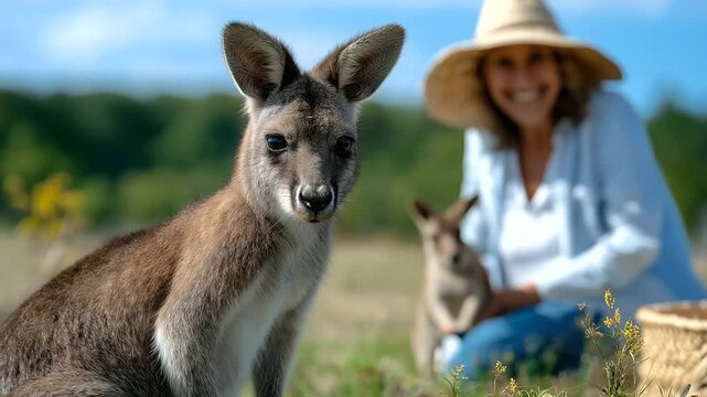 Defocused park visitor in sunhat with focused majestic macropod mother displaying maternal care in meadow, with copy space