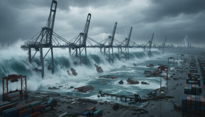 Strong storm clouds gather over a port where towering waves crash against shipping containers and cranes. Lightning strikes in the distance, showing the power of nature during a fierce weather event