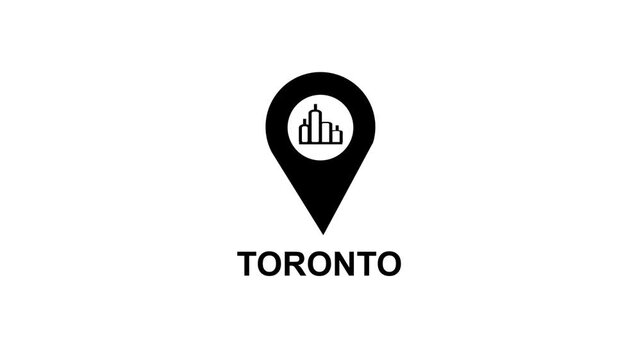 Black location pin icon with abstract city skyline inside and the word Toronto below on a white backgroundBy Stock motion CK