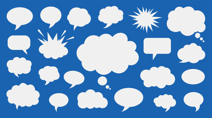 Collection of diverse white speech bubbles and thought clouds on a vibrant blue background, representing communication, ideas, and conversation in various styles vector illustration