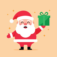 Cheerful cartoon illustration of santa claus holding a green gift box, smiling warmly with a festive background, perfect for christmas and holiday greetings vector illustration