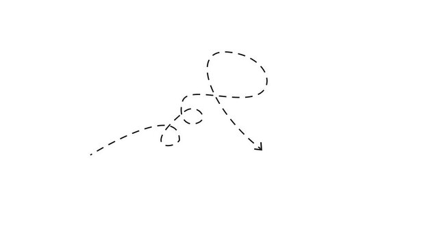Black dashed arrow curving in a spiral on a white background line curve
