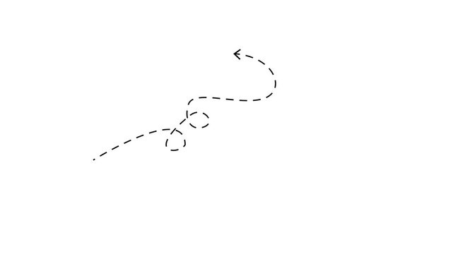 White dashed arrow line curving and looping on a white background with left-pointing arrow dashed line