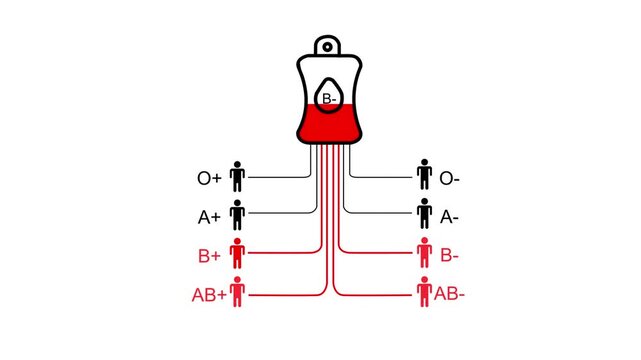 Blood type compatibility chart with B negative blood bag and compatible recipient icons Keywords: blood type, compatibility, chart, diagram, medical, healthcare, science, donation, transfusion, B