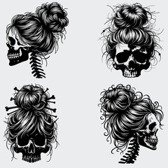 Obraz premium Skeleton Messy Bun Hair Vector SVG Bundle, Skeleton SVG, Messy Bun SVG, Hair SVG, Skull SVG, Vector, Silhouette, Cutting File For Cricut SVG