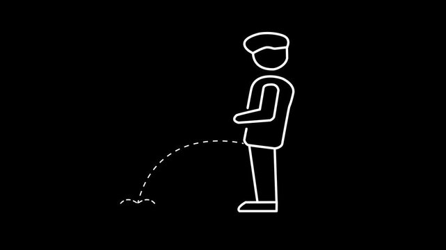 Man urinating icon with dashed stream on black background Keywords: man, male, urination, peeing, icon, symbol, sign, toilet, restroom, bathroom, public, hygiene, health, bodily function, liquid