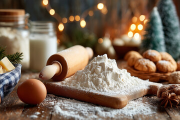 Flour and baking ingredients on a wooden table in warm light