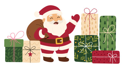 Christmas Santa Claus and gift boxes. Jolly Santa standing beside wrapped presents decorated with ribbons and patterns. Cozy festive composition ideal for seasonal greeting cards, packaging design.