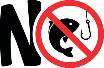 no fishing sign symbol with red prohibition circle over fish and hook indicating restricted fishing area