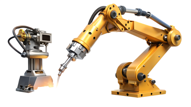 Robotic arm welding isolated on transparent background, a symbol of modern industrial automation