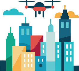 Fototapeta premium Quadcopter Drone Flying Above Modern City Buildings Vector Icon for Urban Aerial Photography, Delivery, and Smart City Concepts