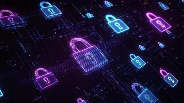 Glowing padlocks float above a digital grid, symbolizing cybersecurity, encryption, and data protection.
