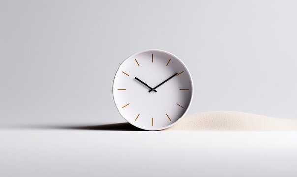 White clock on fine sand, partially embedded face casting textured shadows, minimalist composition conveying time erosion and passing