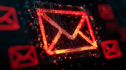 Dynamic digital communication concept with glowing red email icons symbolizing data transfer and online connectivity in a futuristic network environment