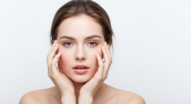 Young woman with clean skin touching her face expressing emotion and beauty